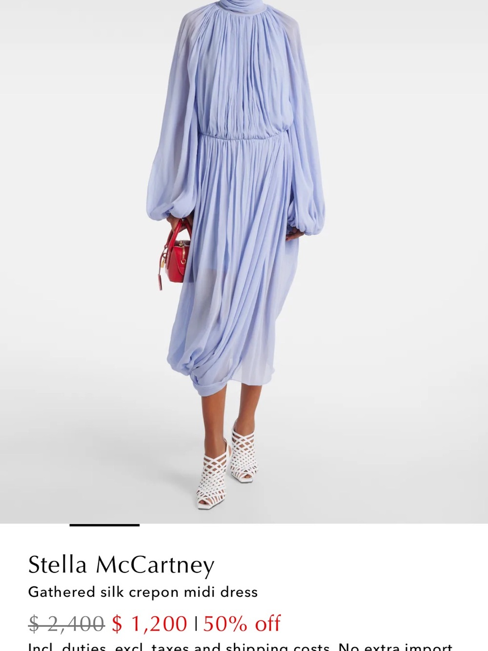 Stella McCartney Light Blue Gathered Silk-Crepon Midi Dress $2400 sz 2 or IT 38